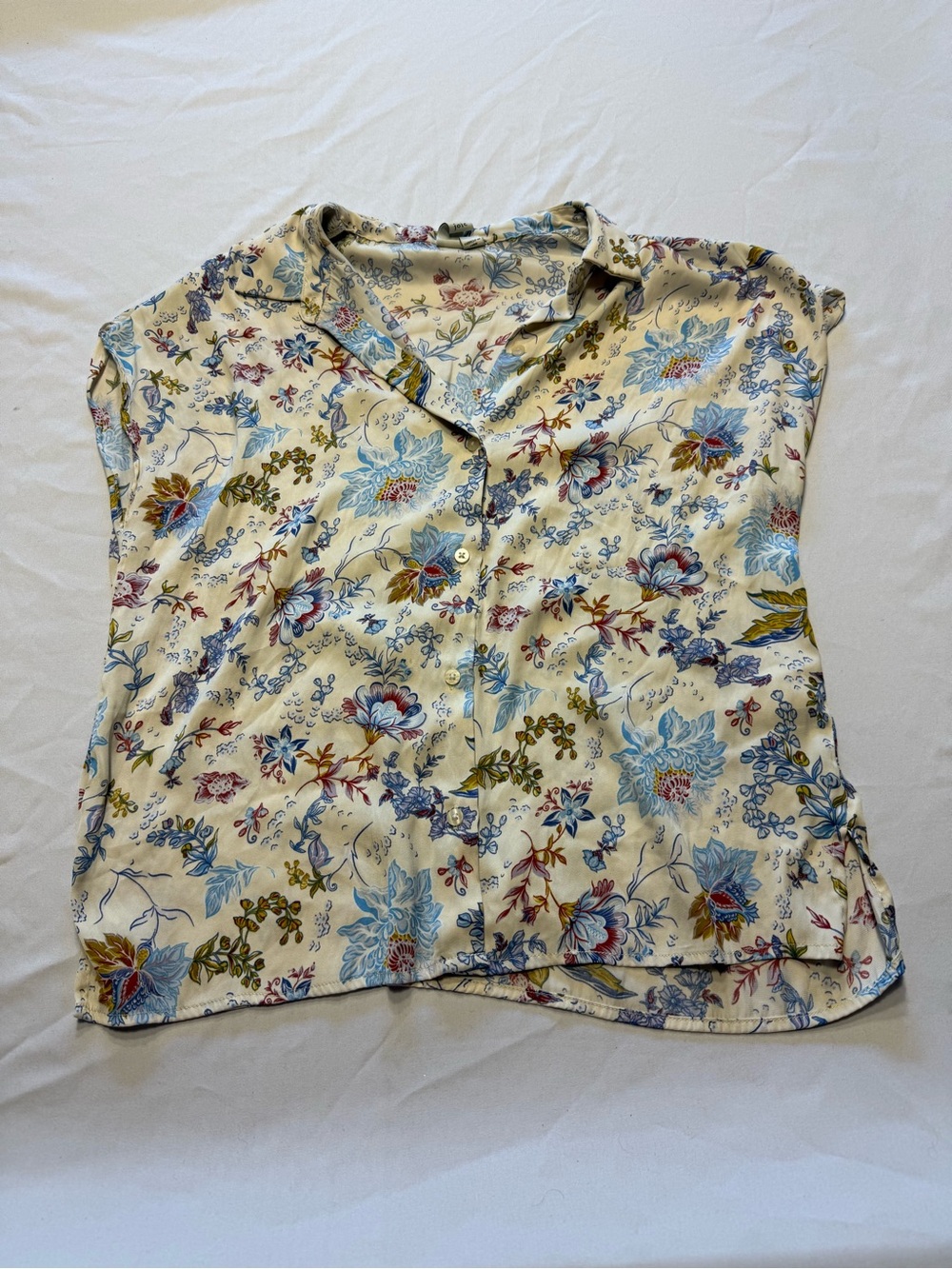 Joie Cream Button-Front Floral Cap Sleeve Top with Blue, Green & Red Print